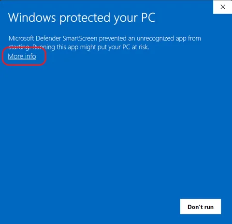 Windows SmartScreen — click More info (highlighted)