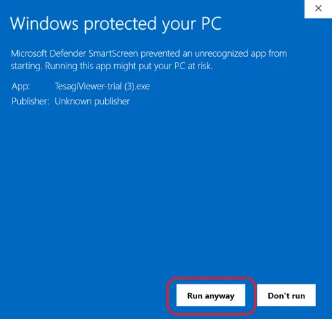 Windows SmartScreen — click Run anyway (highlighted)